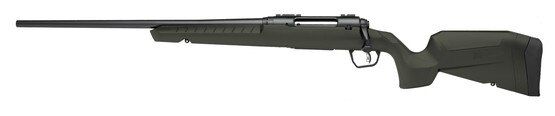 Left-hand bolt action rifle chambered in .243 Win with green synthetic stock.